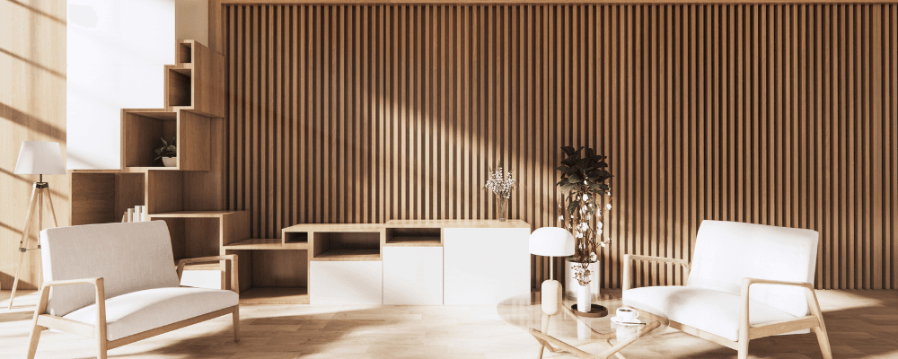 仲介売却のイメージ（木ルーバー壁の明るいリビング）｜久留米市。 